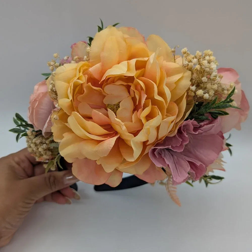 Frida Kahlo-Inspired Peach Fuzz & Pink Flower Headband - Picture 12 of 13